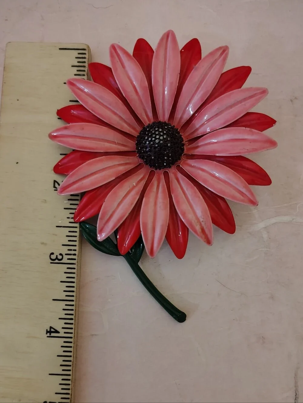 Vintage 1960s Coral Orange Enamel Daisy Flower Brooch Pin w/ Green Stem